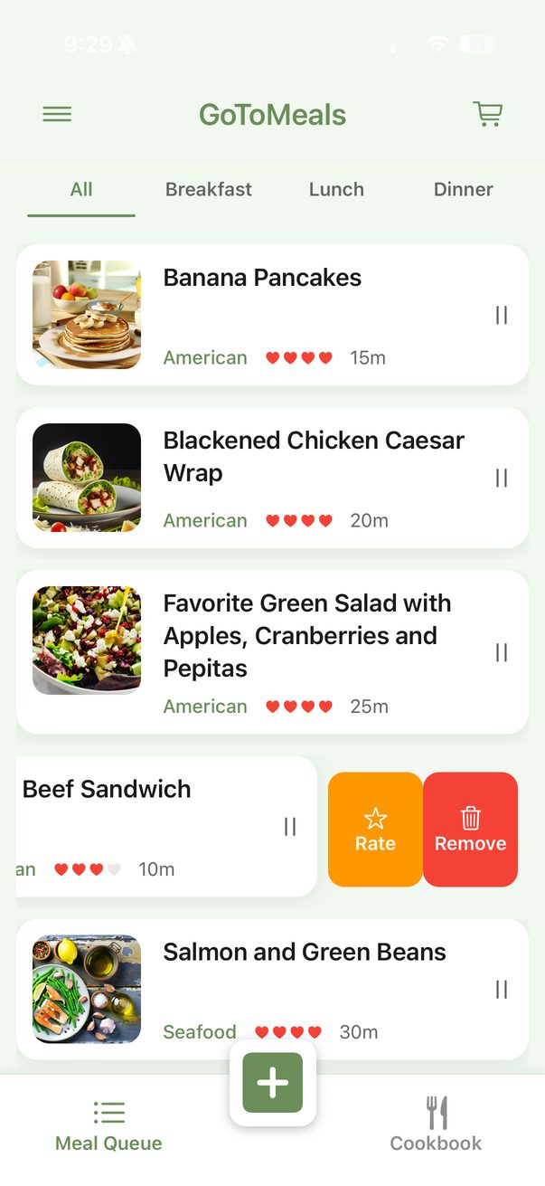 Meal Queue screen in GoToMeals