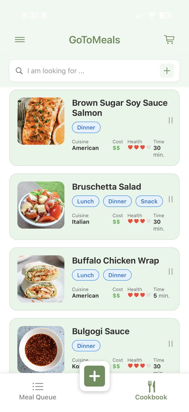 Browsing the Cookbook in GoToMeals