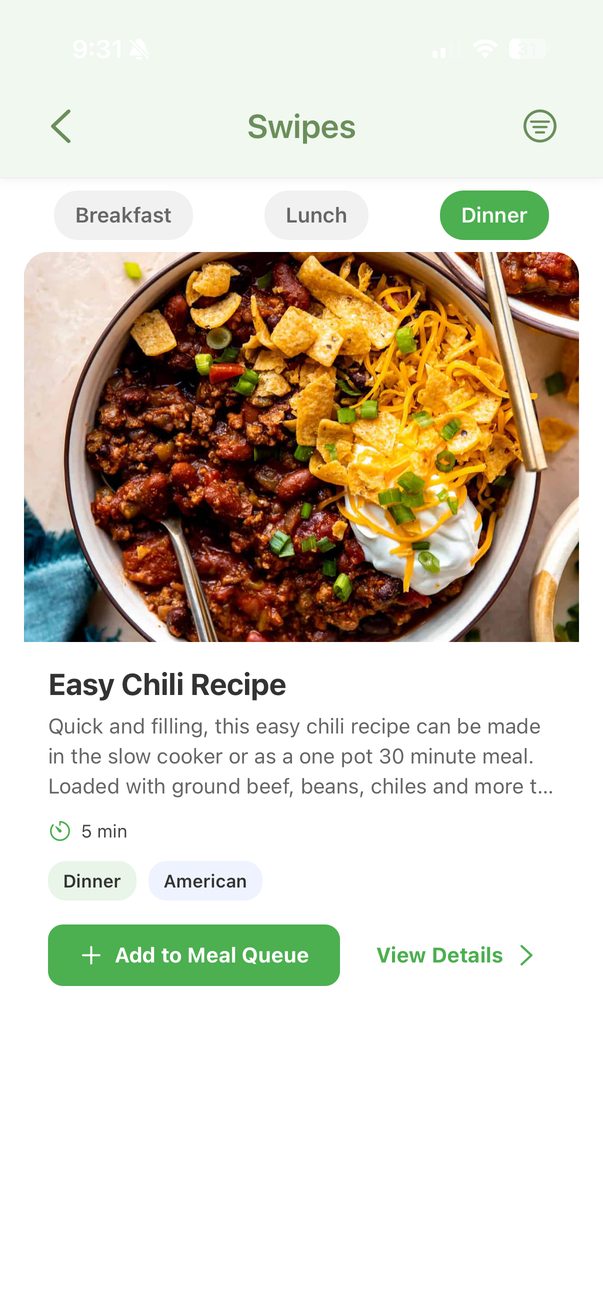 Swiping to discover new recipes in GoToMeals