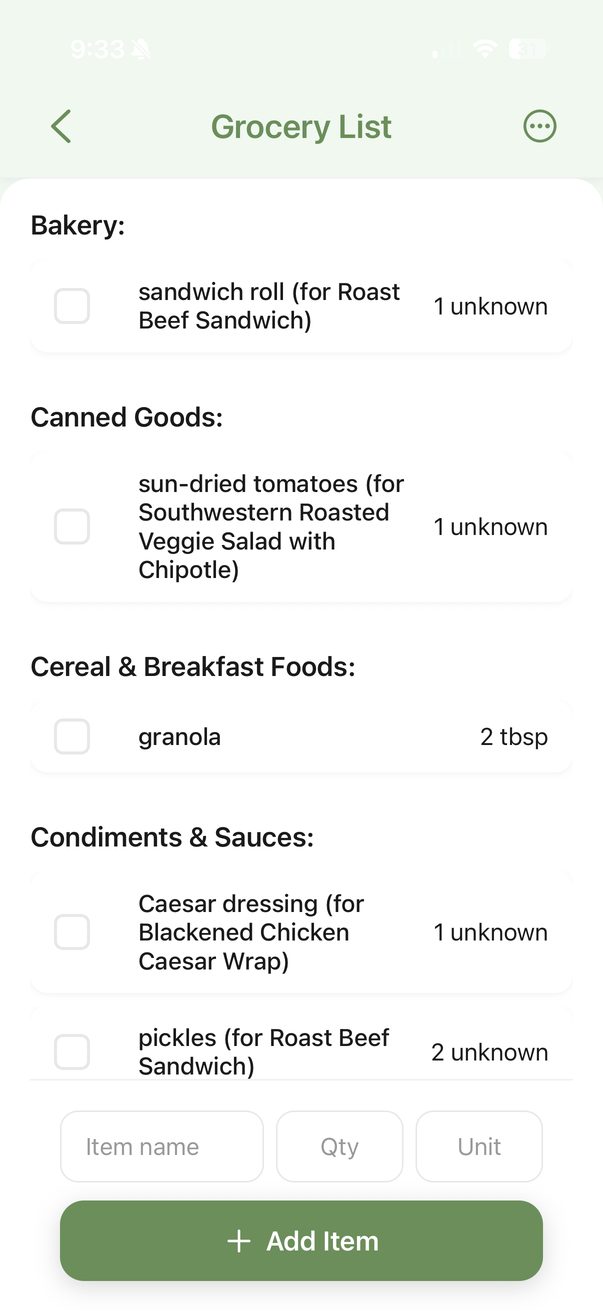 Auto-generated grocery list in GoToMeals